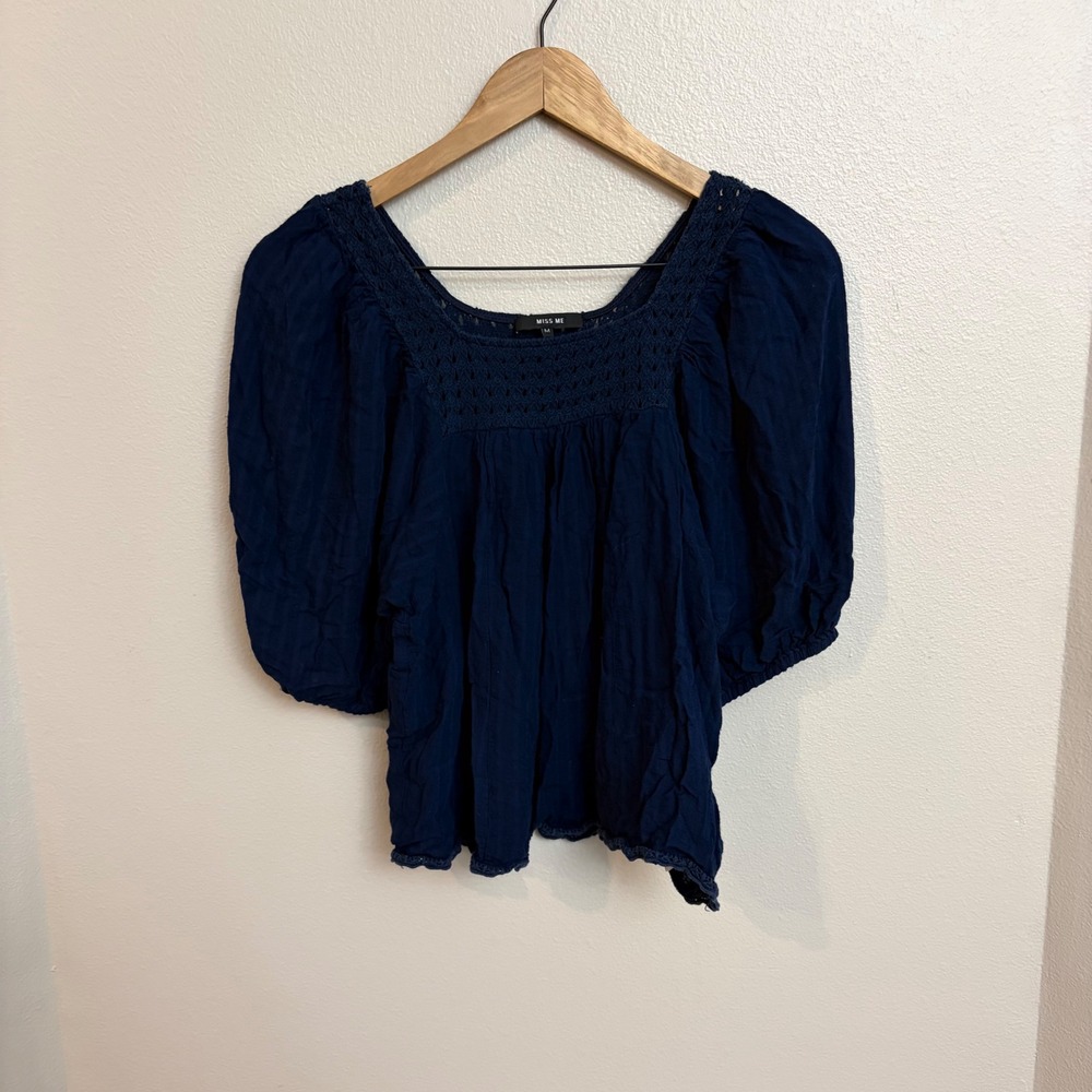 Miss Me Blouse Medium Navy Blue Crochet Puff Sleeve Boho Peasant Top MT0017S